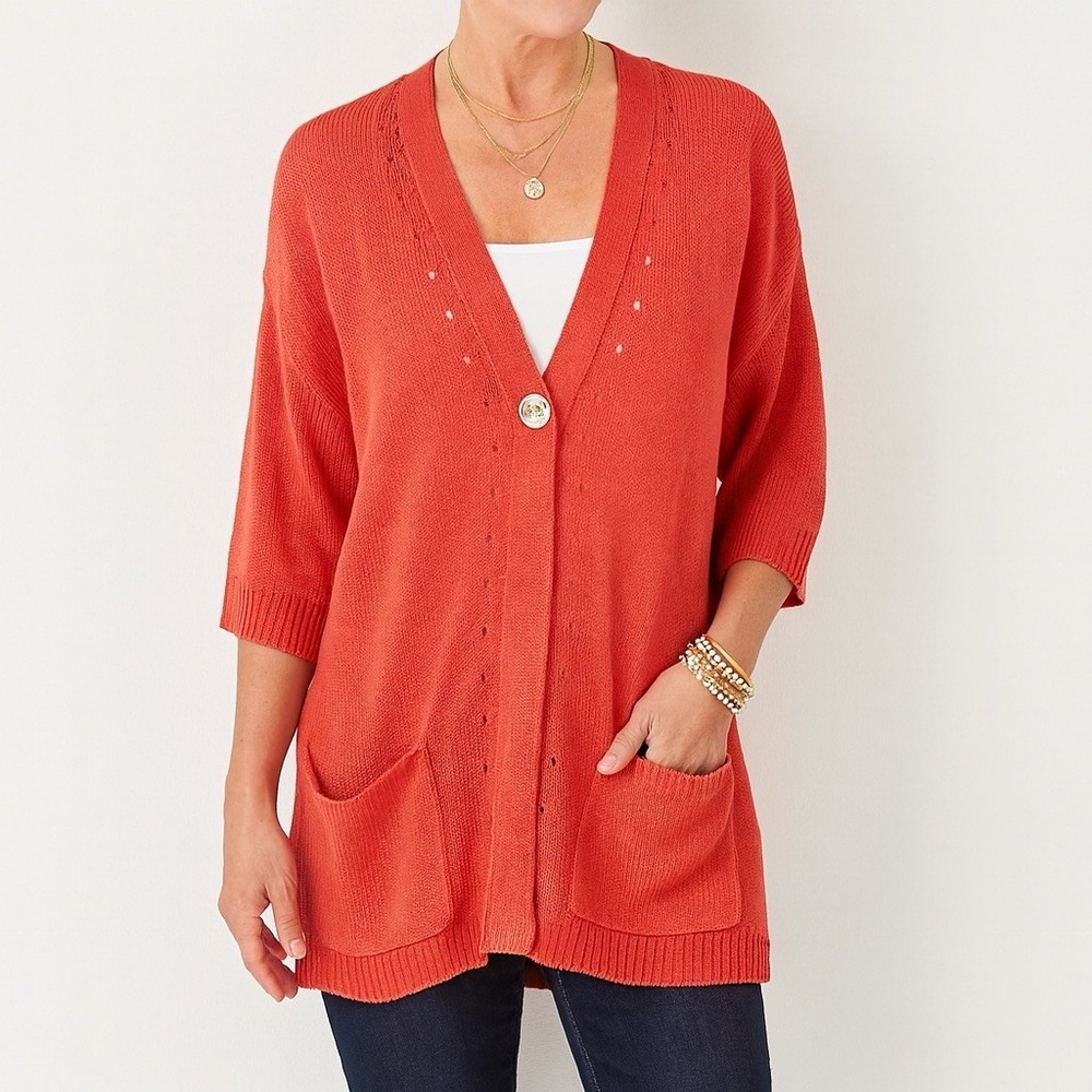 J. Jill Love Linen Cardigan Sweater Coral Pink 100% Linen Short Sleeve Medium